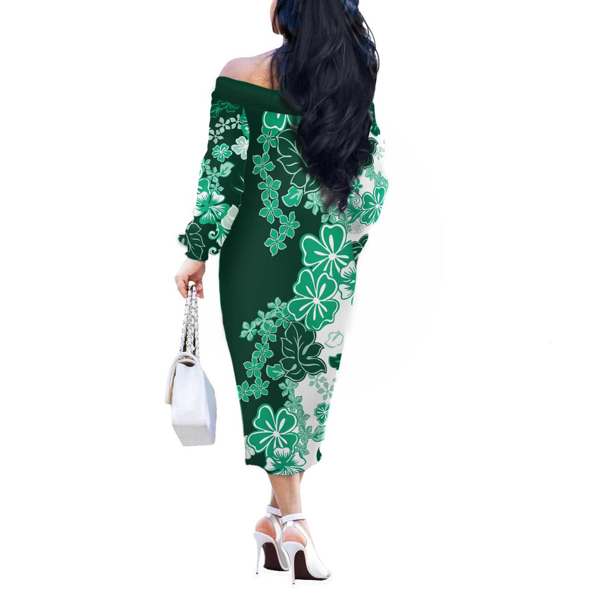 Green Hibiscus Plumeria Floral Off The Shoulder Long Sleeve Dress - Polynesian Pride