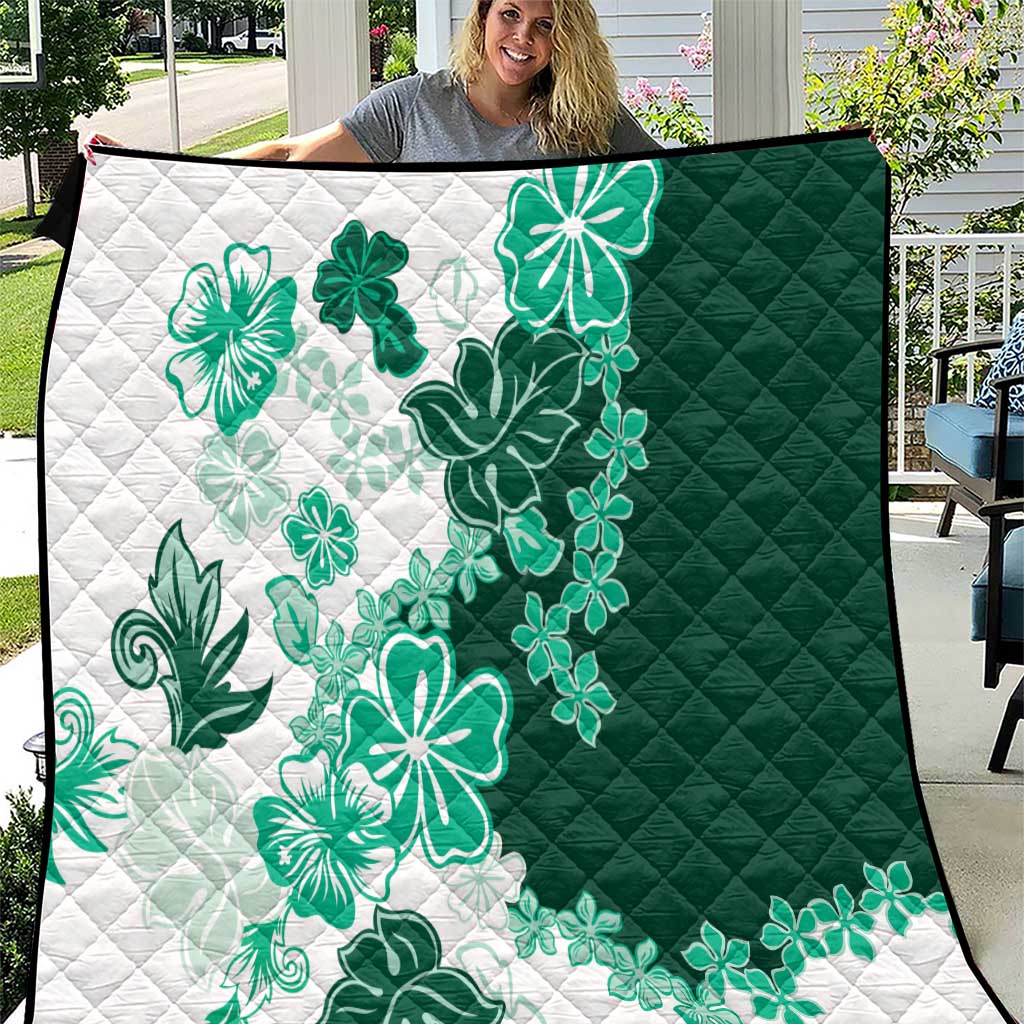 Green Hibiscus Plumeria Floral Quilt - Polynesian Pride