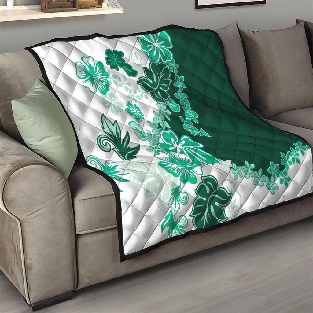 Green Hibiscus Plumeria Floral Quilt - Polynesian Pride