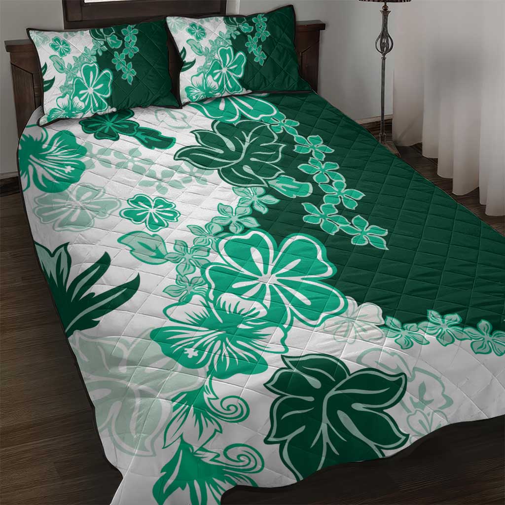 Green Hibiscus Plumeria Floral Quilt Bed Set - Polynesian Pride