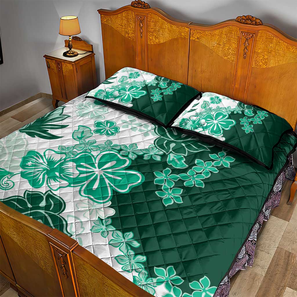 Green Hibiscus Plumeria Floral Quilt Bed Set - Polynesian Pride