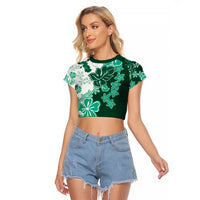 Green Hibiscus Plumeria Floral Raglan Cropped T Shirt - Polynesian Pride