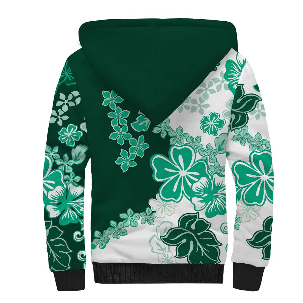 Green Hibiscus Plumeria Floral Sherpa Hoodie - Polynesian Pride
