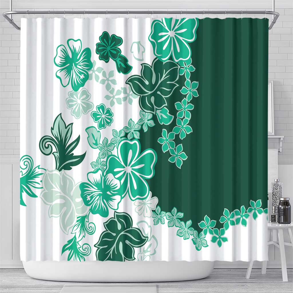 Green Hibiscus Plumeria Floral Shower Curtain - Polynesian Pride