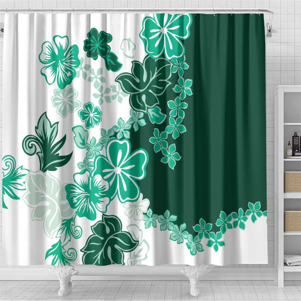 Green Hibiscus Plumeria Floral Shower Curtain - Polynesian Pride
