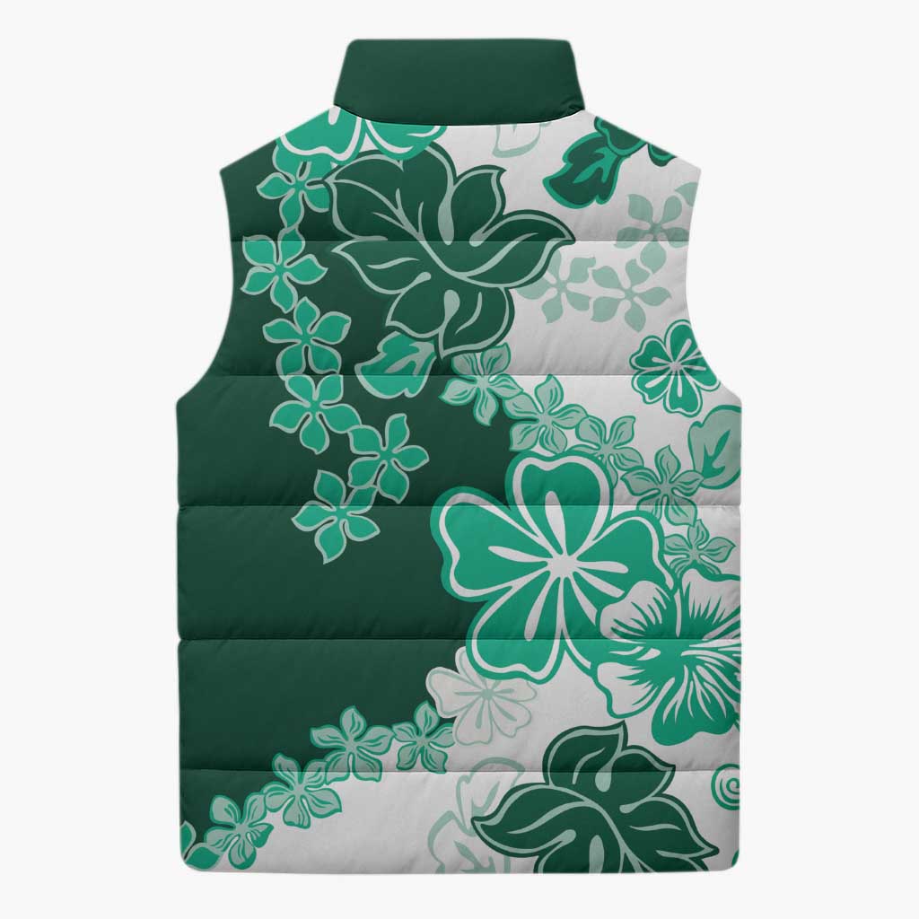 Green Hibiscus Plumeria Floral Sleeveless Puffer Jacket LT01 - Polynesian Pride