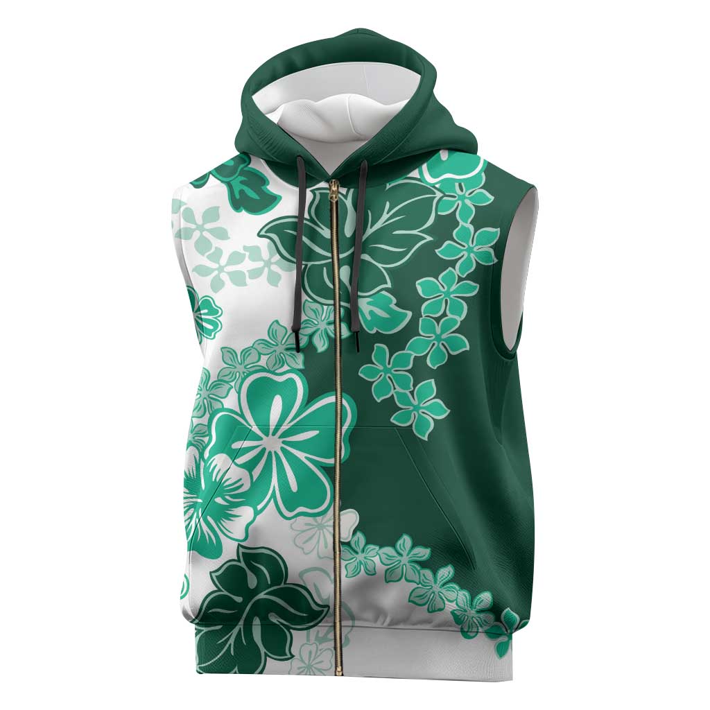 Green Hibiscus Plumeria Floral Sleeveless Zip Hoodie - Polynesian Pride