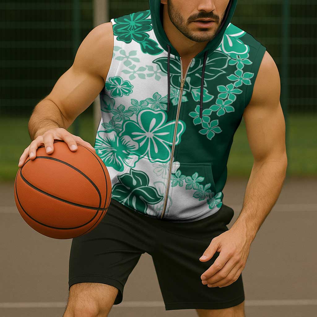 Green Hibiscus Plumeria Floral Sleeveless Zip Hoodie - Polynesian Pride