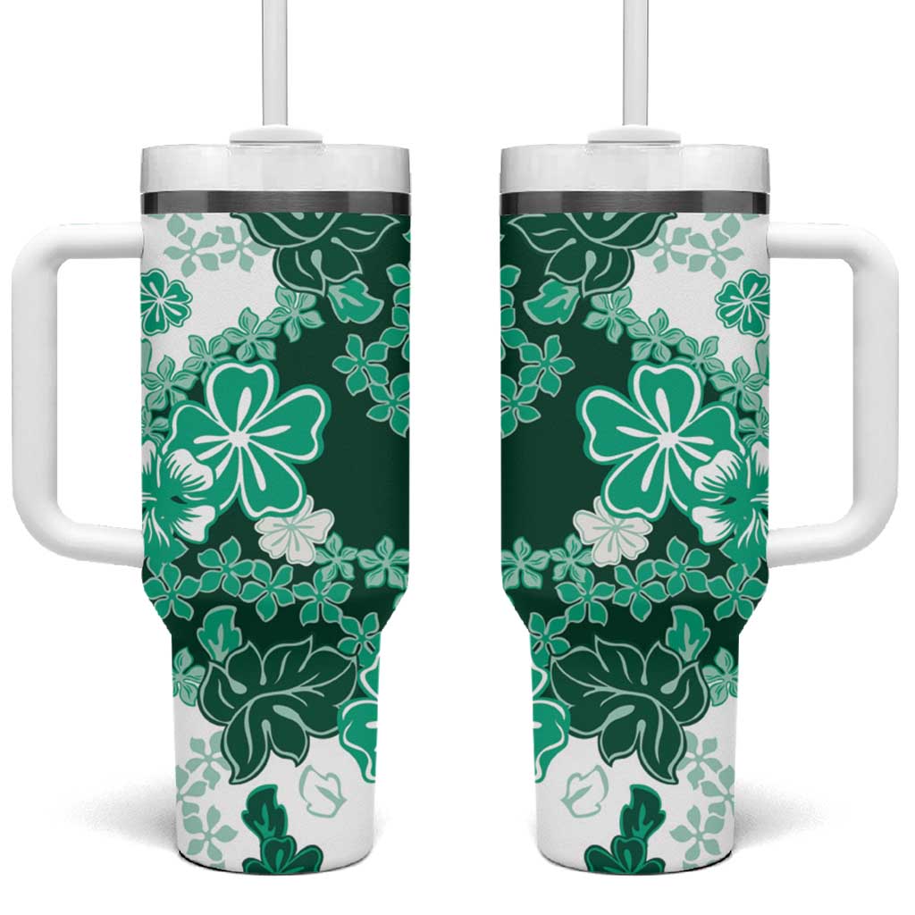 Green Hibiscus Plumeria Floral Tumbler With Handle - Polynesian Pride