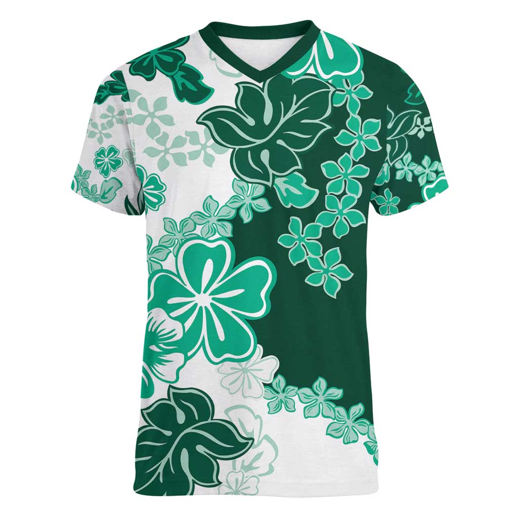 Green Hibiscus Plumeria Floral Women V-Neck T-Shirt - Polynesian Pride