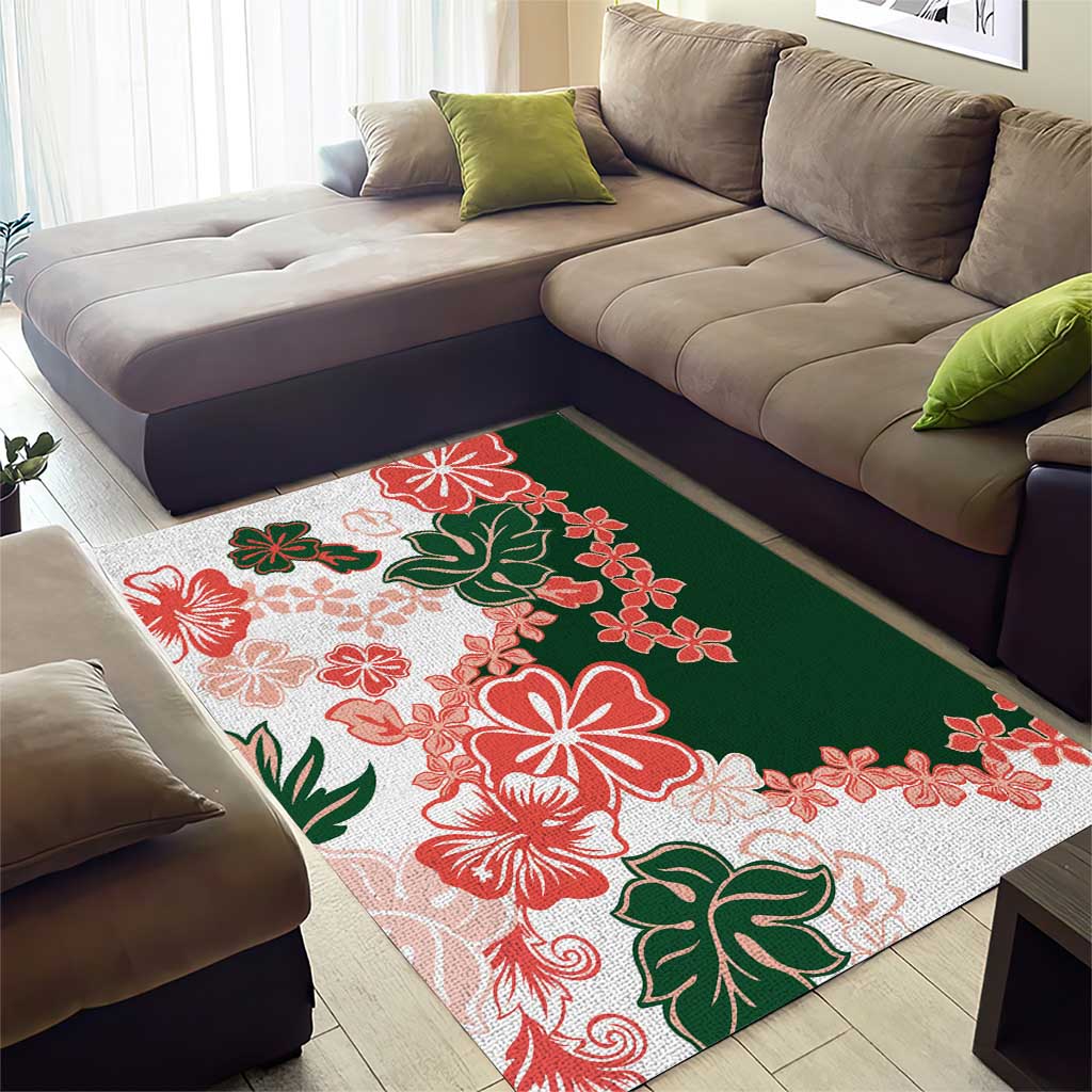 Green Orange Hibiscus Plumeria Floral Area Rug - Polynesian Pride