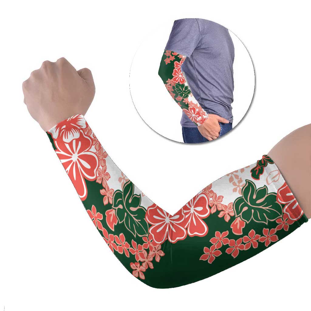 Green Orange Hibiscus Plumeria Floral Arm Sleeves - Polynesian Pride