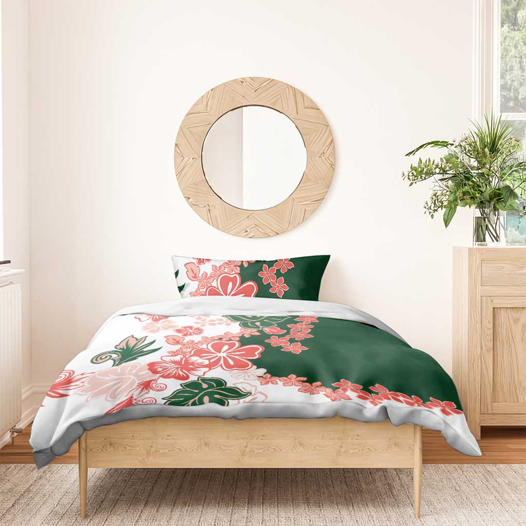 Green Orange Hibiscus Plumeria Floral Bedding Set - Polynesian Pride