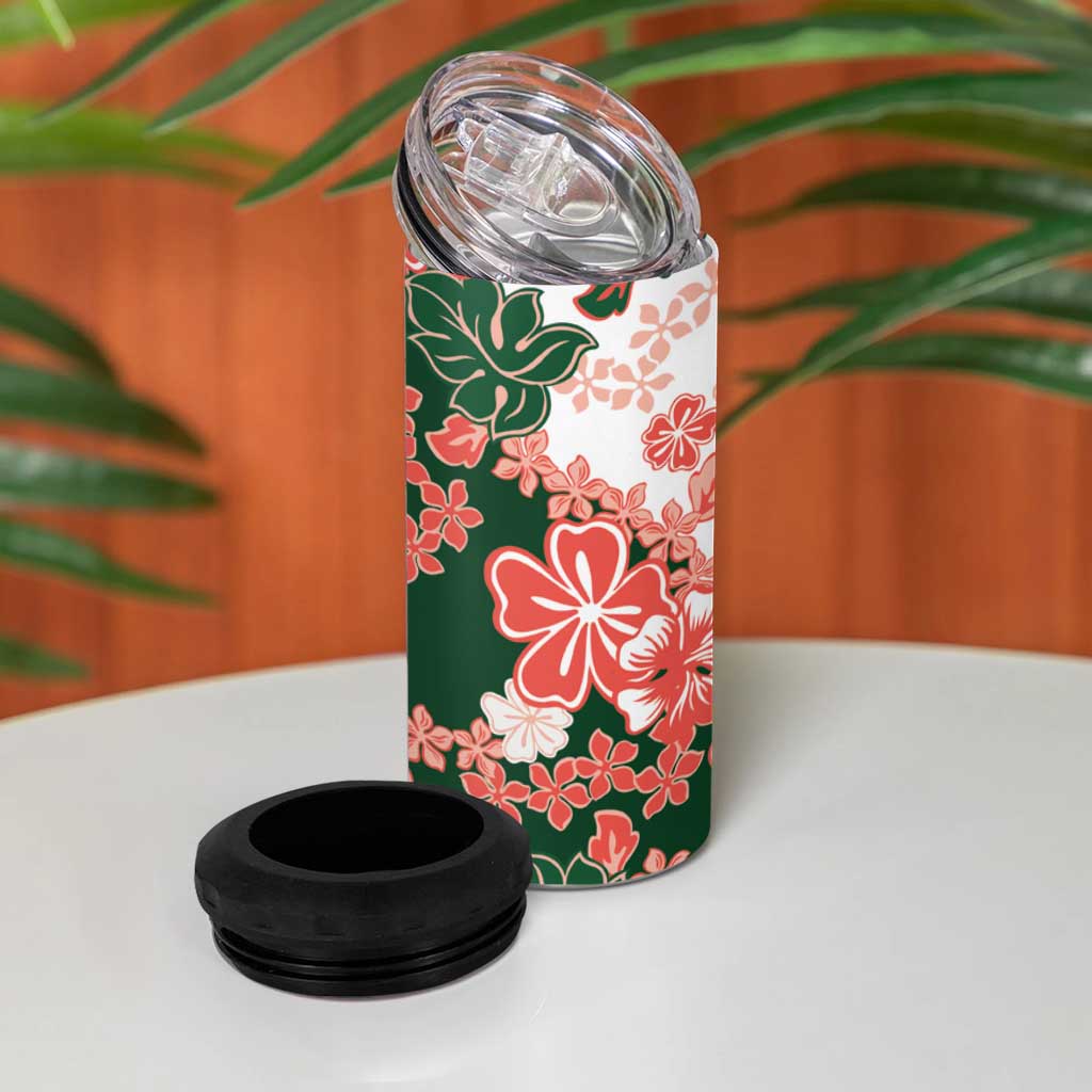 Green Orange Hibiscus Plumeria Floral 4 in 1 Can Cooler Tumbler - Polynesian Pride