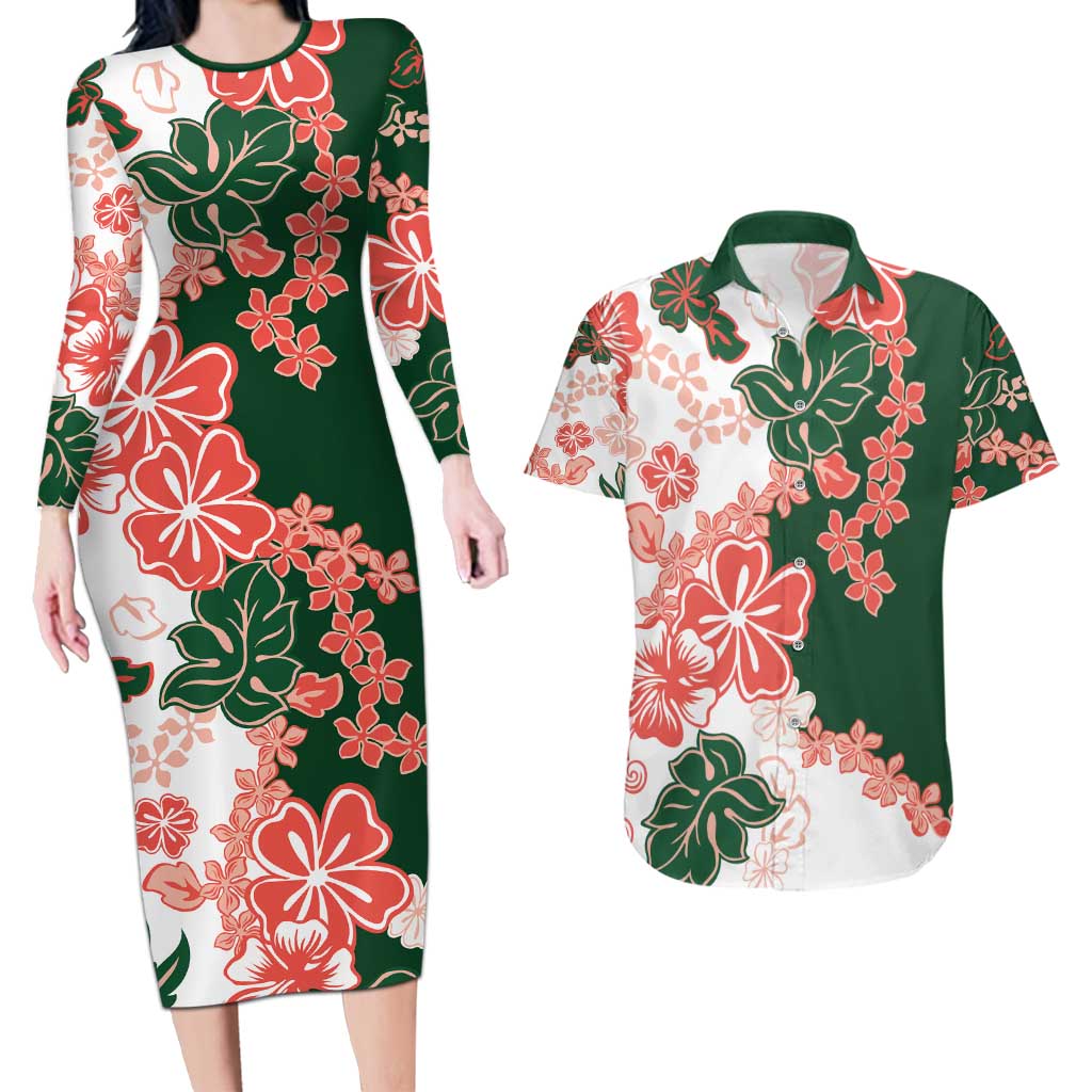 Green Orange Hibiscus Plumeria Floral Couples Matching Long Sleeve Bodycon Dress and Hawaiian Shirt - Polynesian Pride