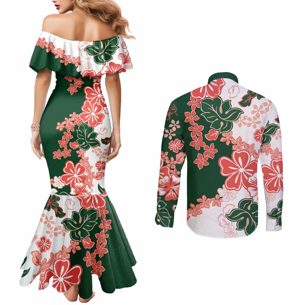 Green Orange Hibiscus Plumeria Floral Couples Matching Mermaid Dress and Long Sleeve Button Shirt LT01 - Polynesian Pride