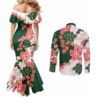 Green Orange Hibiscus Plumeria Floral Couples Matching Mermaid Dress and Long Sleeve Button Shirt LT01 - Polynesian Pride