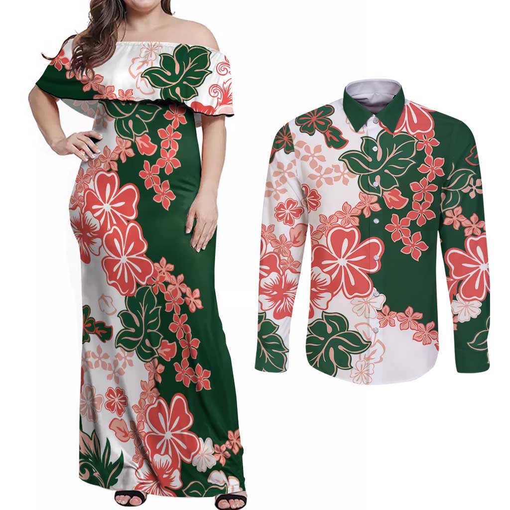 Green Orange Hibiscus Plumeria Floral Couples Matching Off Shoulder Maxi Dress and Long Sleeve Button Shirt - Polynesian Pride