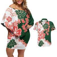 Green Orange Hibiscus Plumeria Floral Couples Matching Off Shoulder Short Dress and Hawaiian Shirt - Polynesian Pride