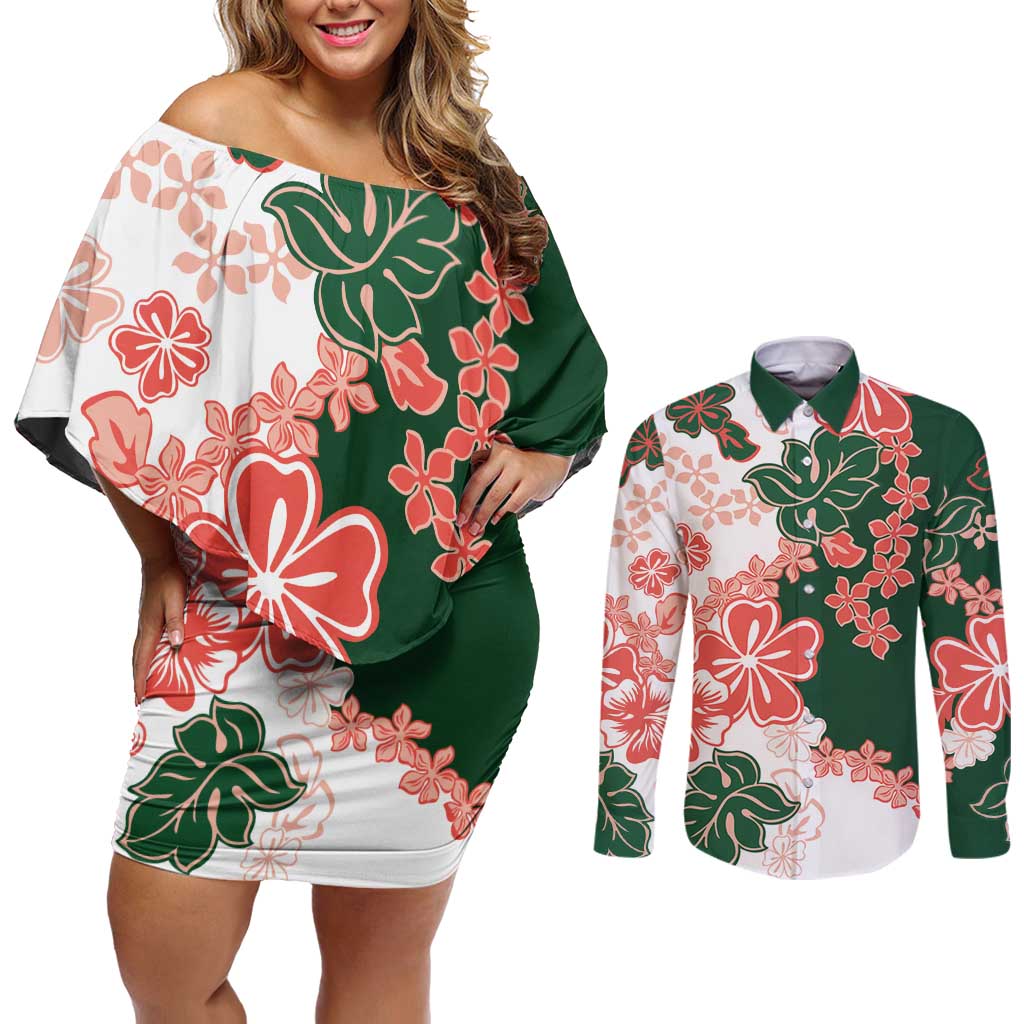 Green Orange Hibiscus Plumeria Floral Couples Matching Off Shoulder Short Dress and Long Sleeve Button Shirt - Polynesian Pride