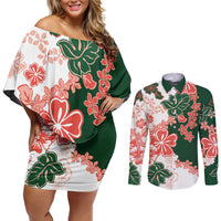 Green Orange Hibiscus Plumeria Floral Couples Matching Off Shoulder Short Dress and Long Sleeve Button Shirt - Polynesian Pride