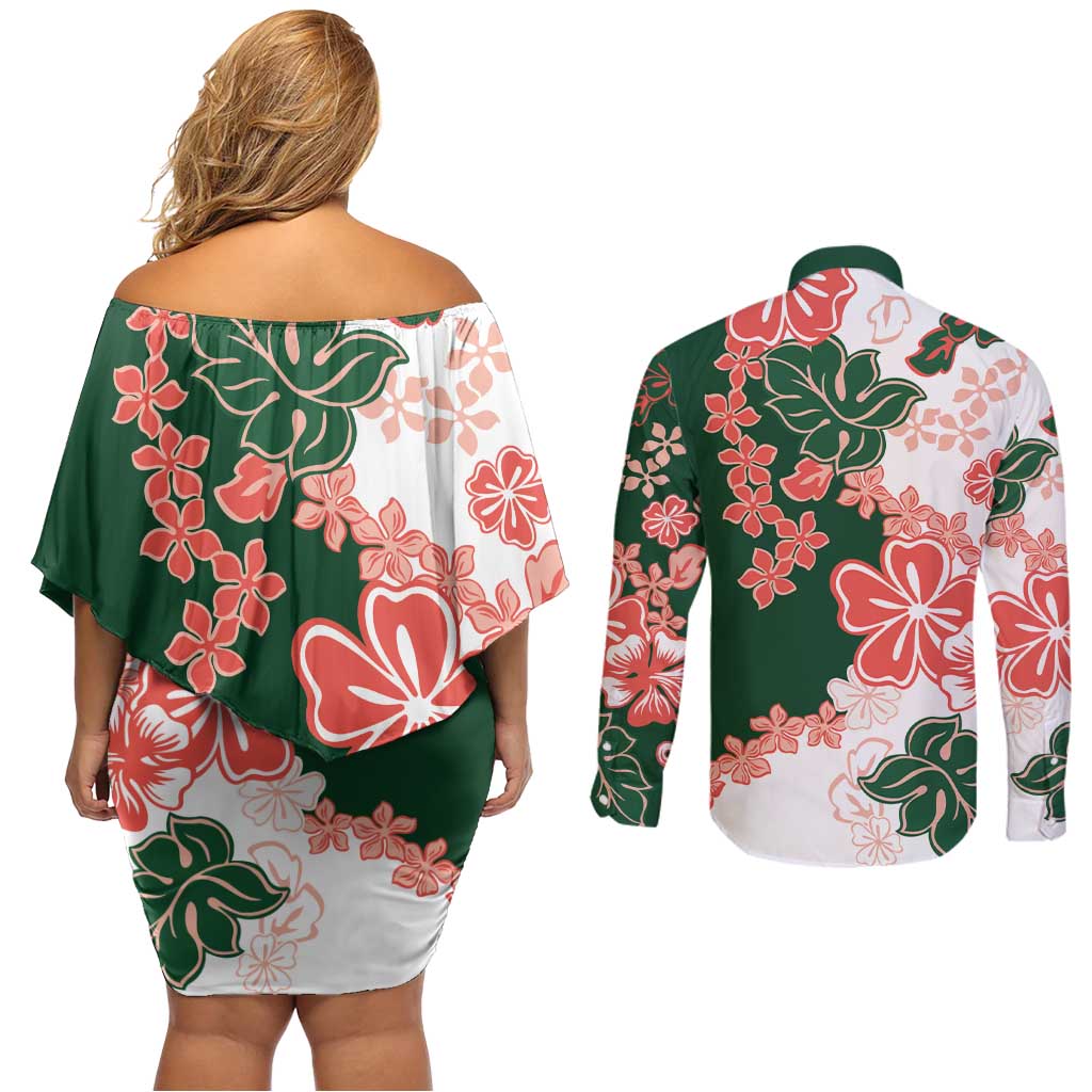 Green Orange Hibiscus Plumeria Floral Couples Matching Off Shoulder Short Dress and Long Sleeve Button Shirt - Polynesian Pride