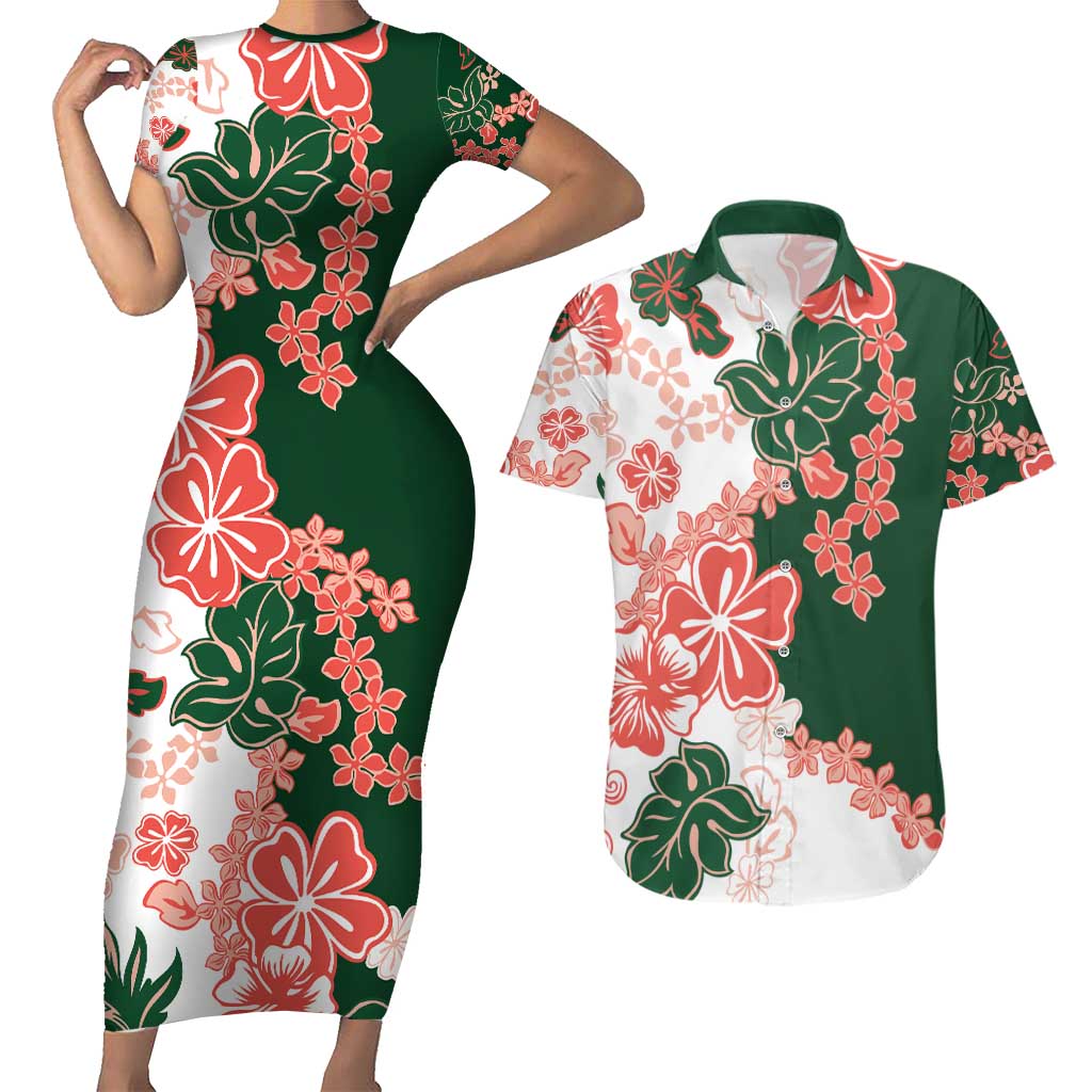 Green Orange Hibiscus Plumeria Floral Couples Matching Short Sleeve Bodycon Dress and Hawaiian Shirt - Polynesian Pride