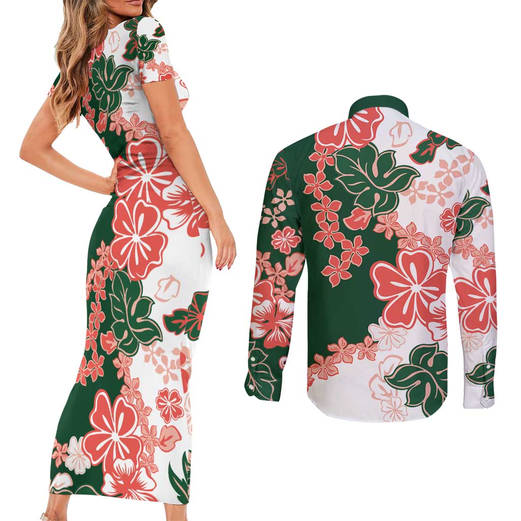 Green Orange Hibiscus Plumeria Floral Couples Matching Short Sleeve Bodycon Dress and Long Sleeve Button Shirt - Polynesian Pride