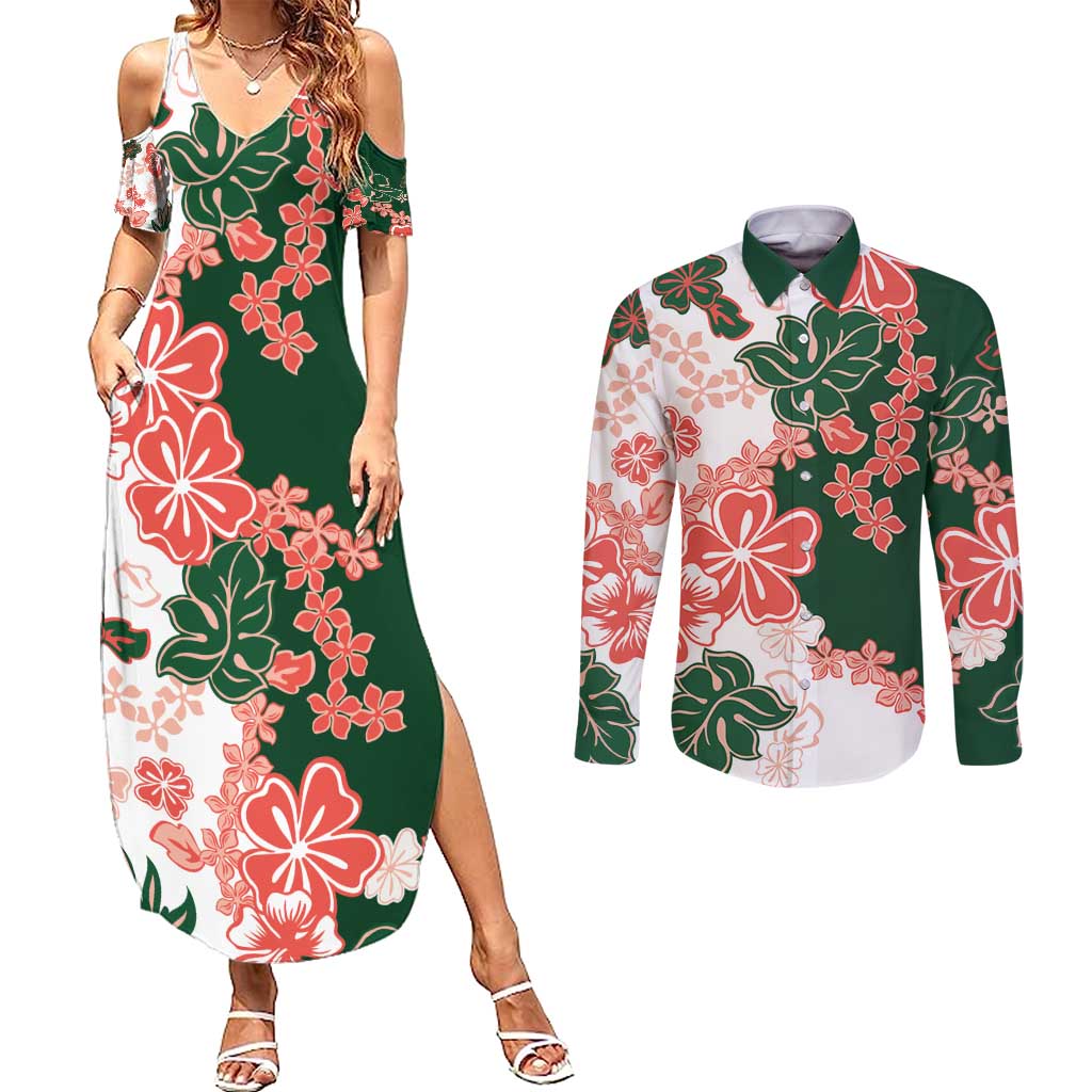 Green Orange Hibiscus Plumeria Floral Couples Matching Summer Maxi Dress and Long Sleeve Button Shirt - Polynesian Pride