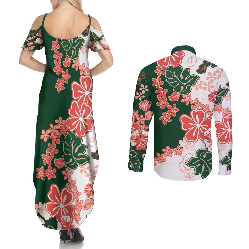 Green Orange Hibiscus Plumeria Floral Couples Matching Summer Maxi Dress and Long Sleeve Button Shirt - Polynesian Pride