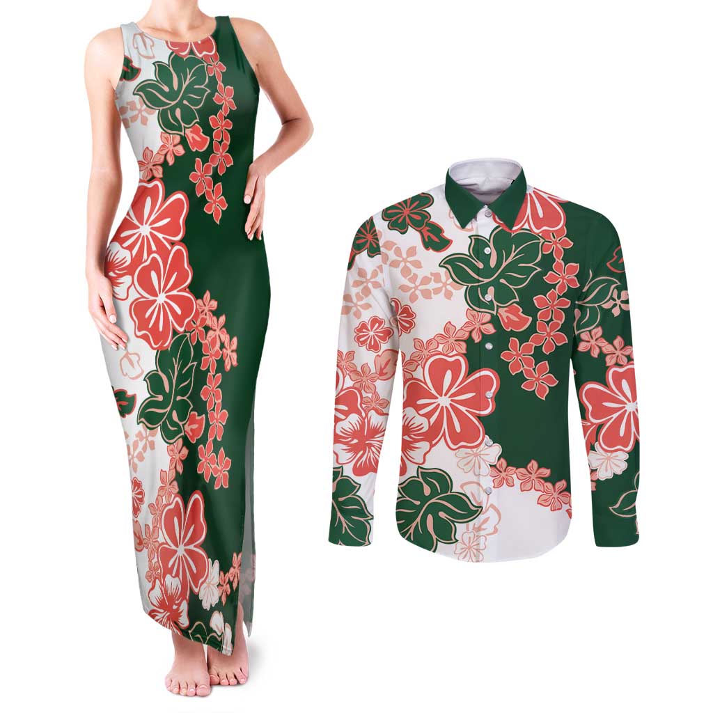 Green Orange Hibiscus Plumeria Floral Couples Matching Tank Maxi Dress and Long Sleeve Button Shirt LT01 Orange - Polynesian Pride