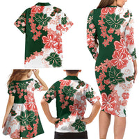 Green Orange Hibiscus Plumeria Floral Family Matching Long Sleeve Bodycon Dress and Hawaiian Shirt - Polynesian Pride