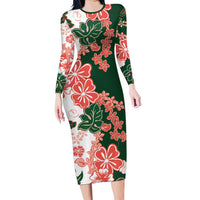 Green Orange Hibiscus Plumeria Floral Family Matching Long Sleeve Bodycon Dress and Hawaiian Shirt - Polynesian Pride