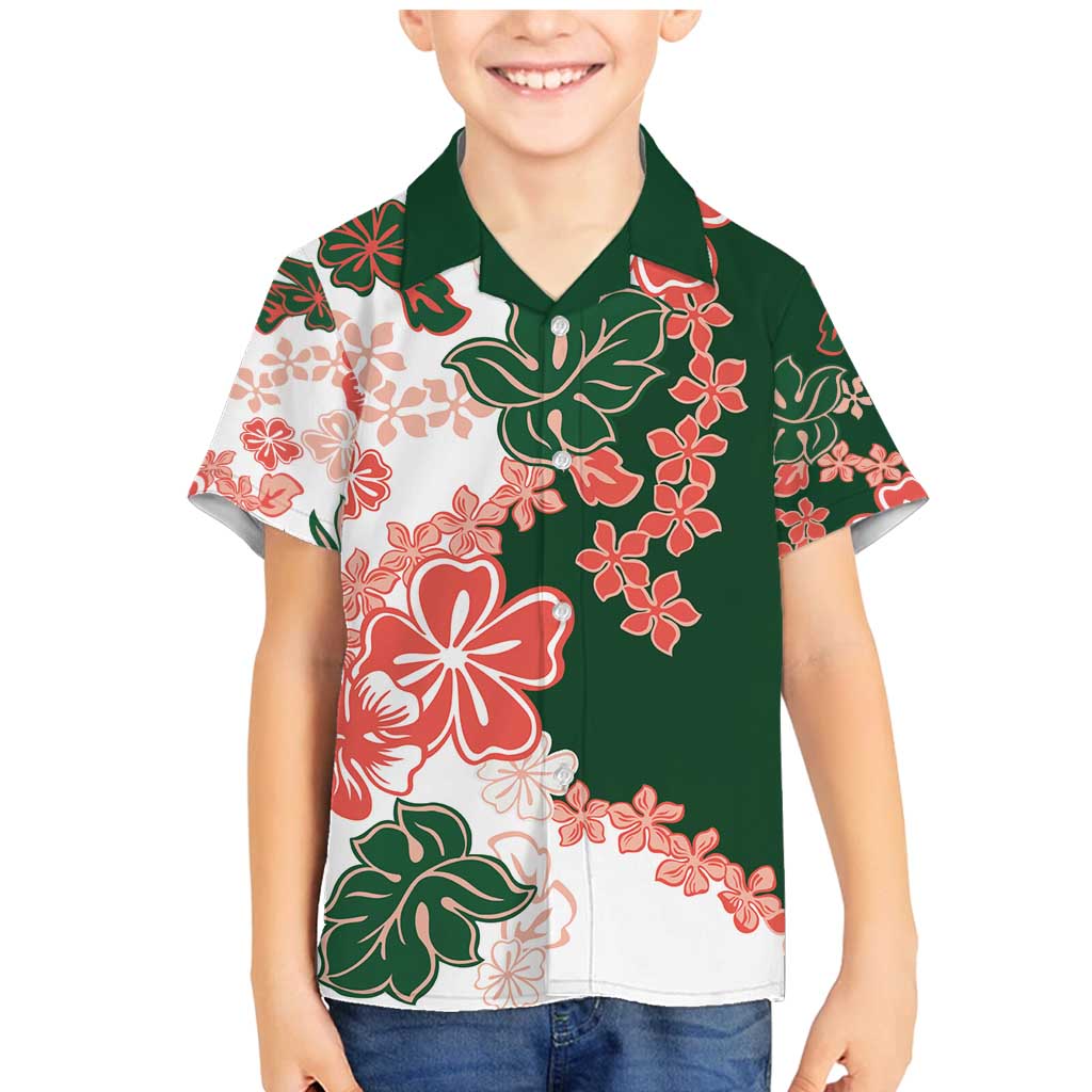 Green Orange Hibiscus Plumeria Floral Family Matching Mermaid Dress and Hawaiian Shirt - Polynesian Pride