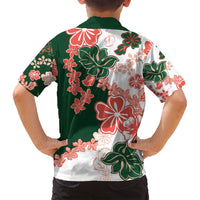 Green Orange Hibiscus Plumeria Floral Family Matching Off Shoulder Short Dress and Hawaiian Shirt - Polynesian Pride