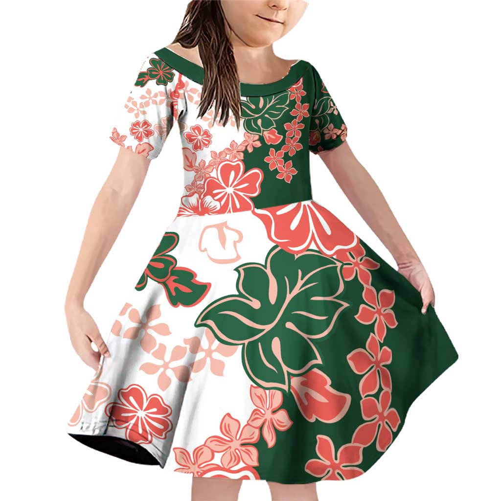 Green Orange Hibiscus Plumeria Floral Family Matching Off Shoulder Short Dress and Hawaiian Shirt - Polynesian Pride