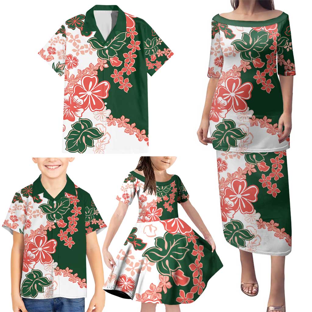 Green Orange Hibiscus Plumeria Floral Family Matching Puletasi and Hawaiian Shirt - Polynesian Pride