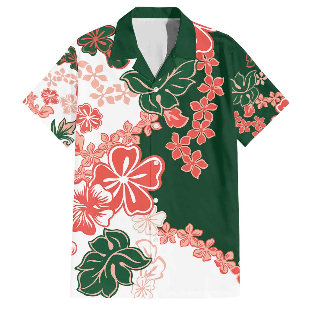 Green Orange Hibiscus Plumeria Floral Family Matching Puletasi and Hawaiian Shirt - Polynesian Pride