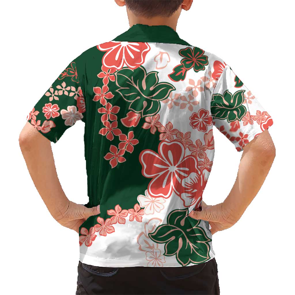 Green Orange Hibiscus Plumeria Floral Family Matching Short Sleeve Bodycon Dress and Hawaiian Shirt - Polynesian Pride