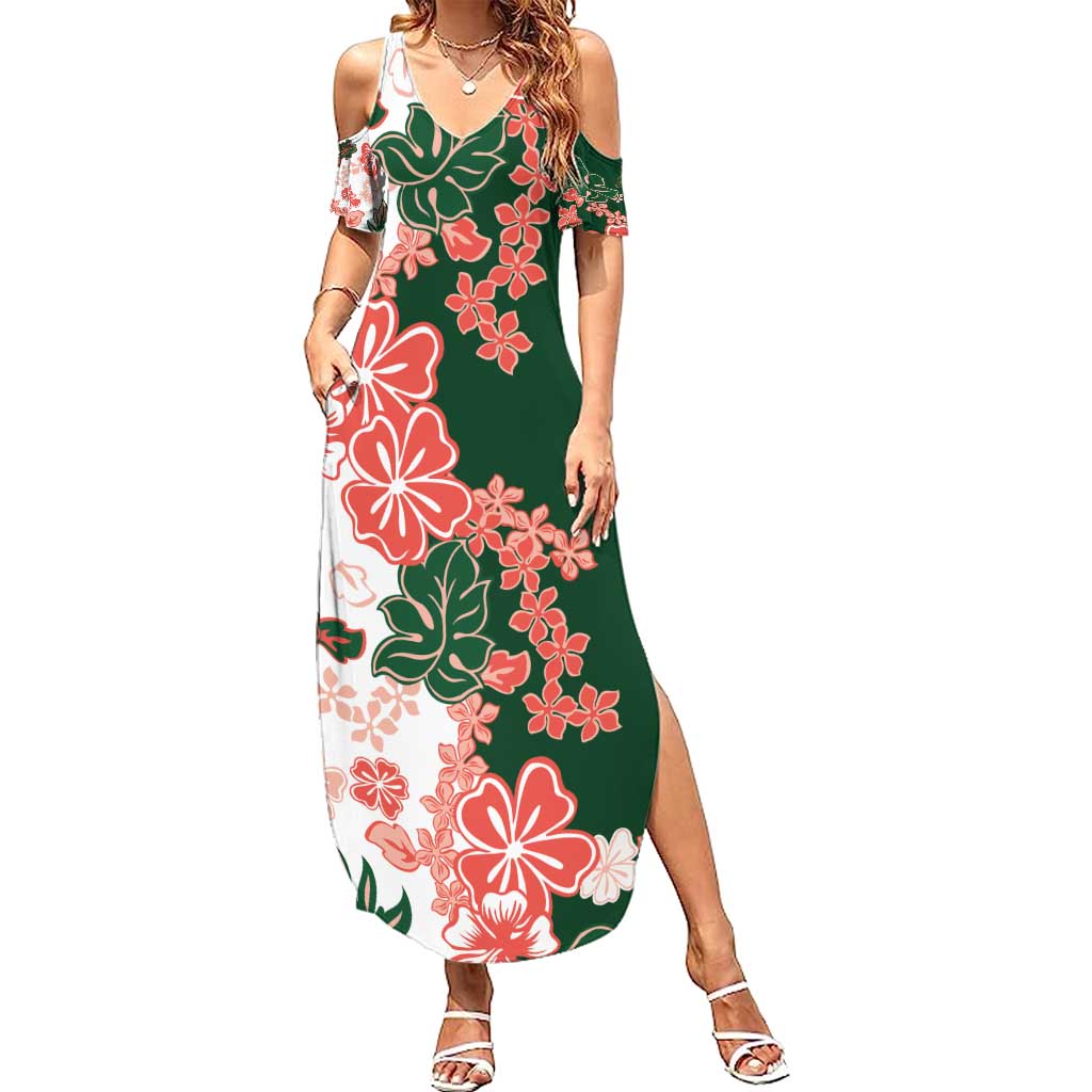 Green Orange Hibiscus Plumeria Floral Family Matching Summer Maxi Dress and Hawaiian Shirt - Polynesian Pride