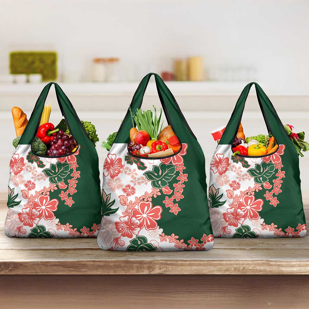 Green Orange Hibiscus Plumeria Floral Grocery Bag - Polynesian Pride
