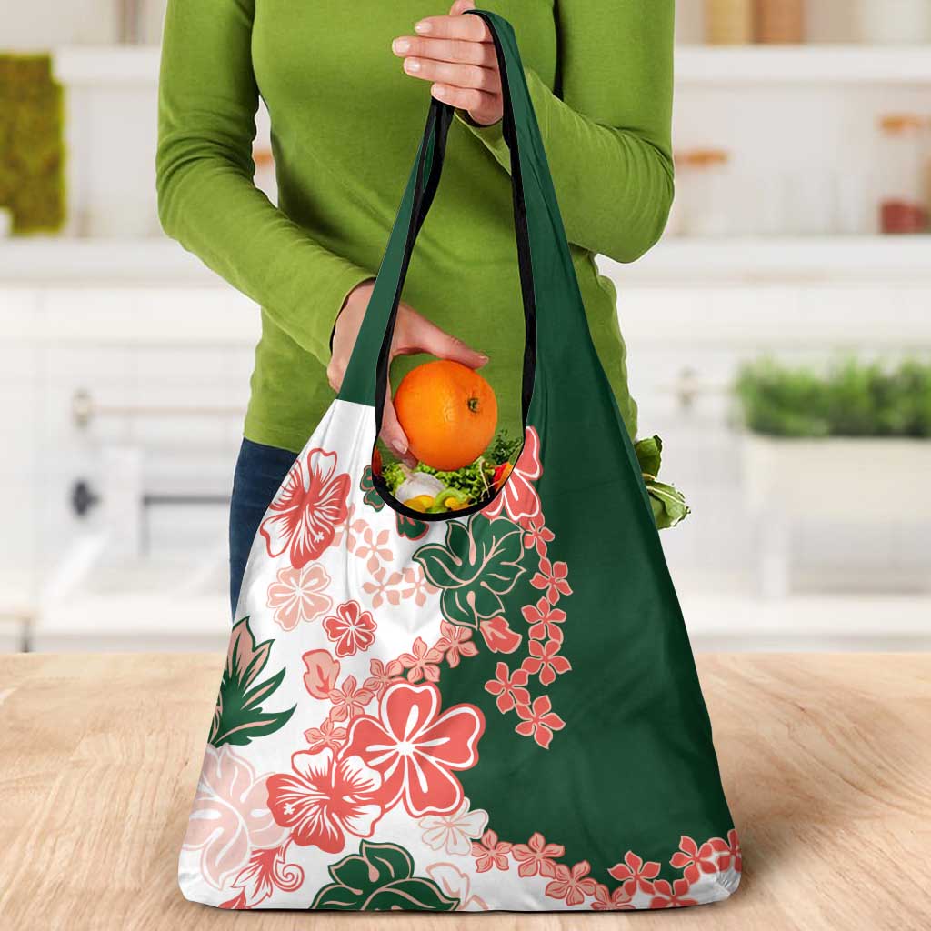 Green Orange Hibiscus Plumeria Floral Grocery Bag - Polynesian Pride