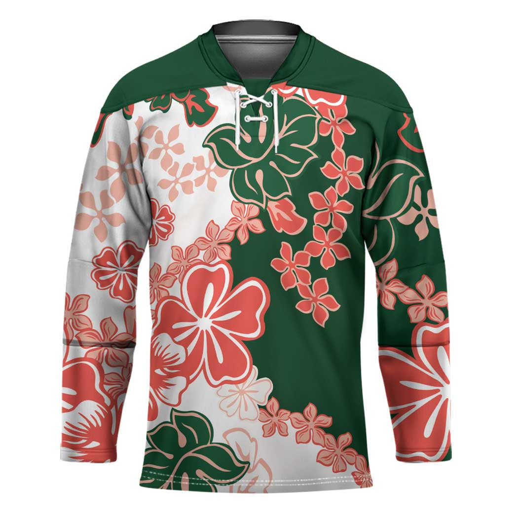 Green Orange Hibiscus Plumeria Floral Hockey Jersey LT01 Unisex Orange - Polynesian Pride