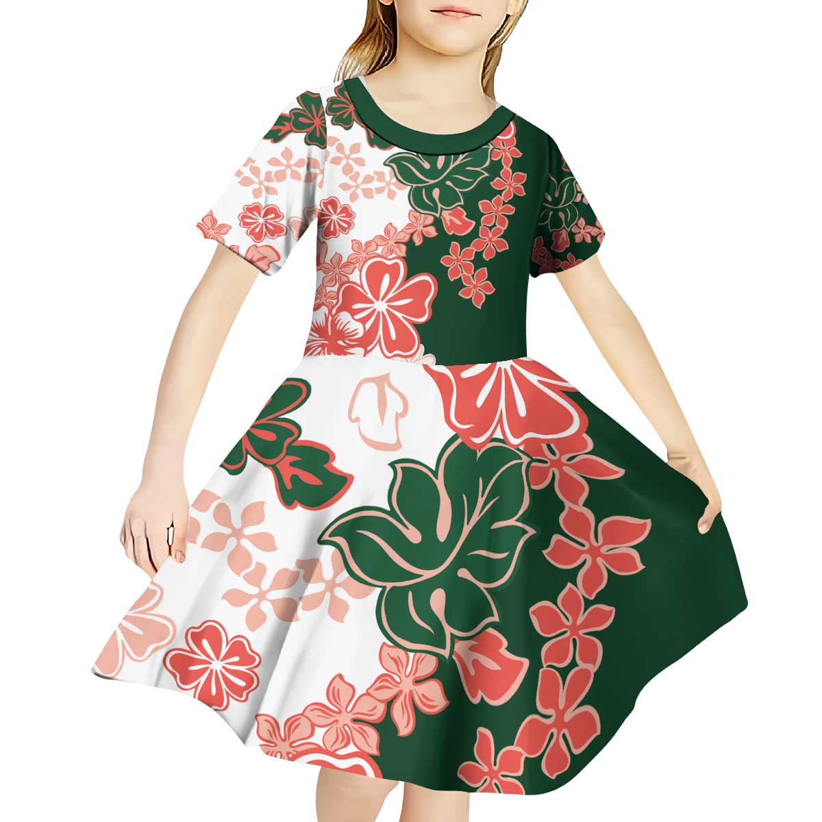 Green Orange Hibiscus Plumeria Floral Kid Short Sleeve Dress LT01 - Polynesian Pride
