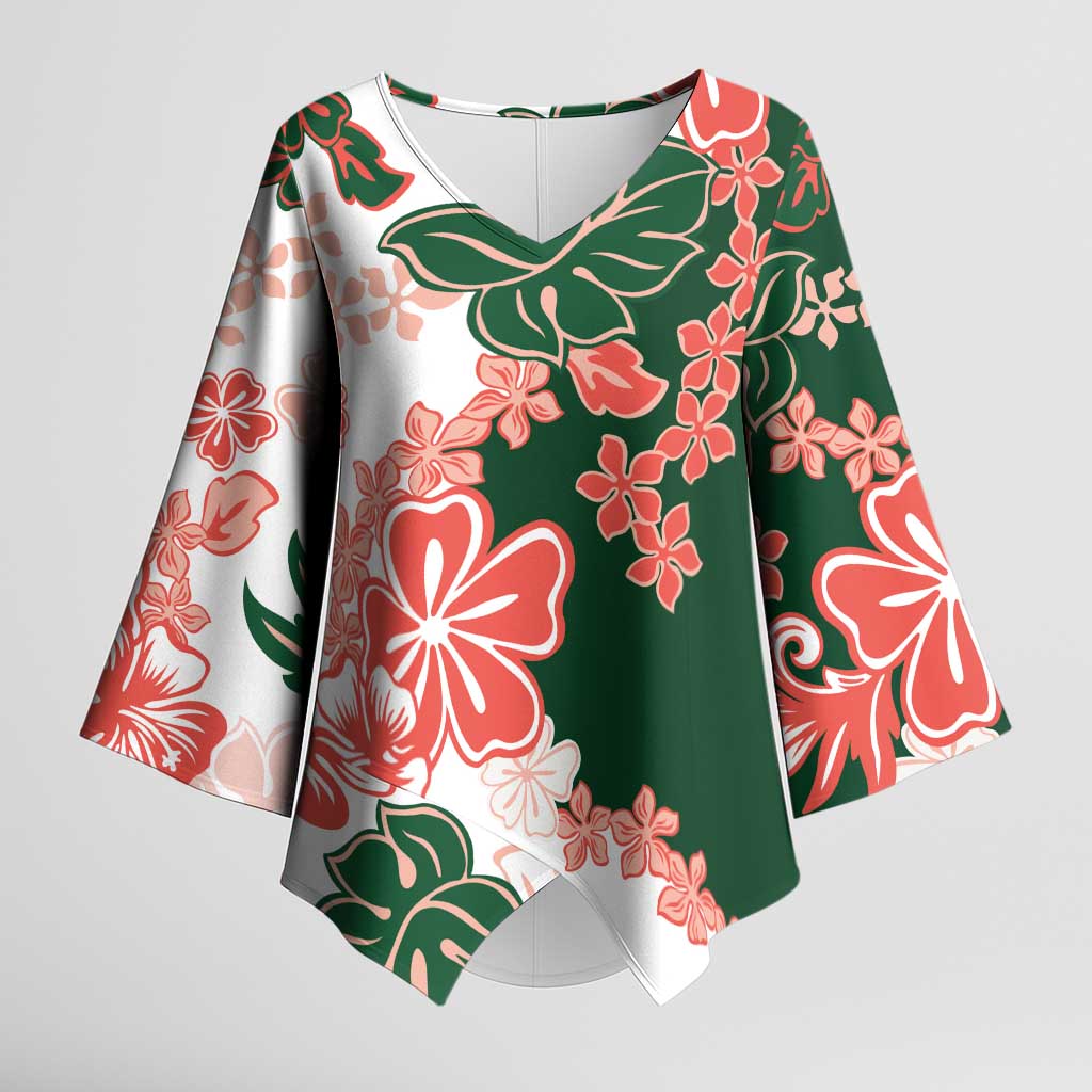 Green Orange Hibiscus Plumeria Floral Kimono Sleeve Blouse - Polynesian Pride