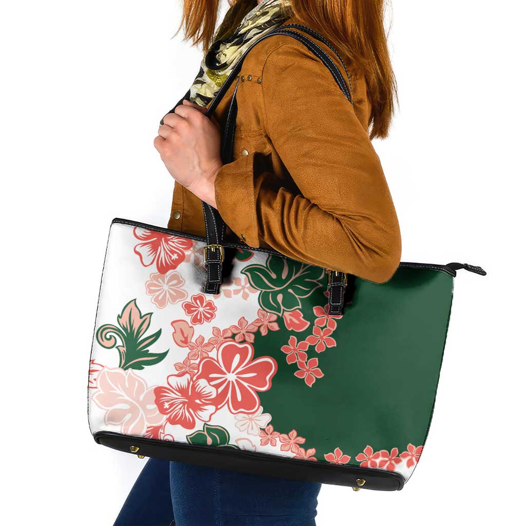 Green Orange Hibiscus Plumeria Floral Leather Tote Bag - Polynesian Pride