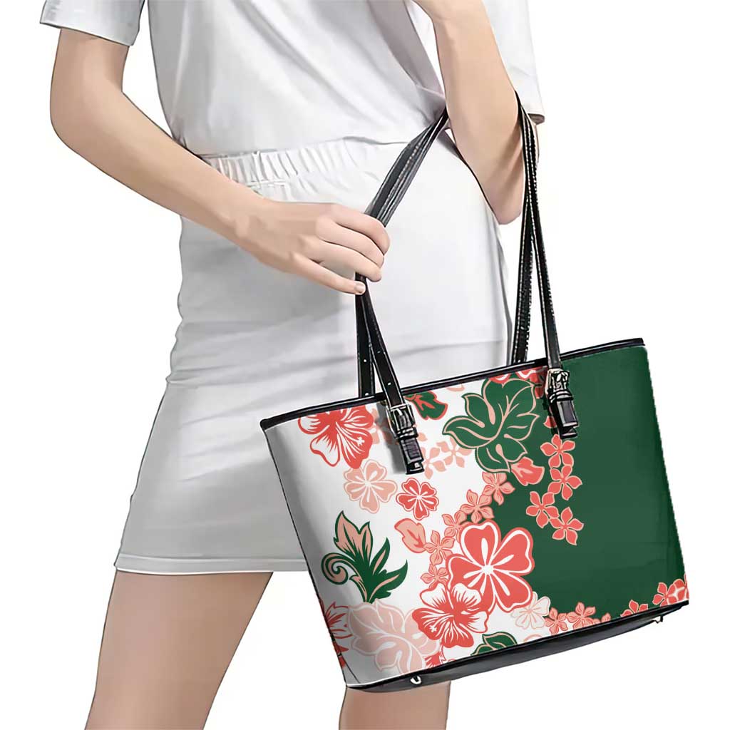 Green Orange Hibiscus Plumeria Floral Leather Tote Bag - Polynesian Pride