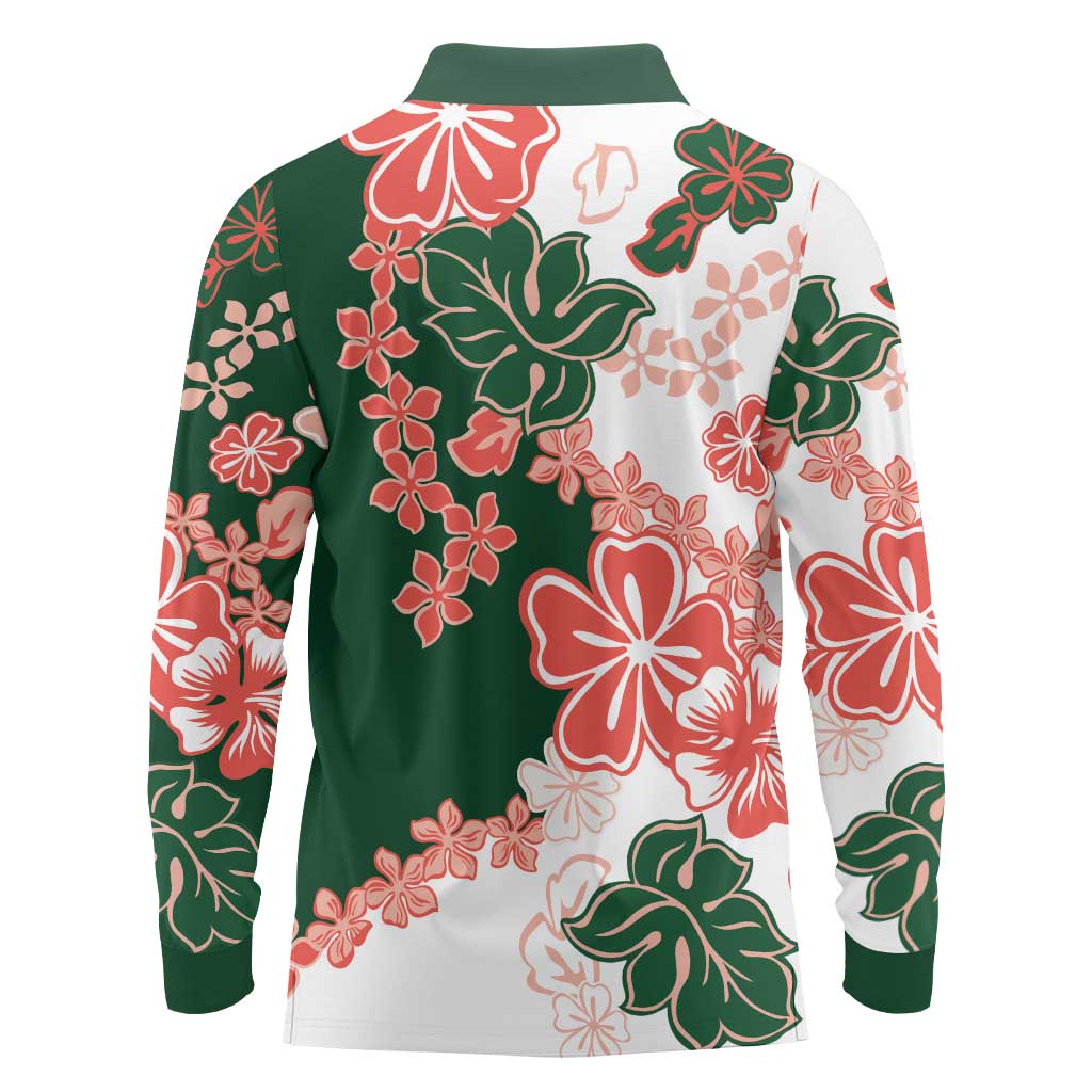 Green Orange Hibiscus Plumeria Floral Long Sleeve Polo Shirt LT01 - Polynesian Pride