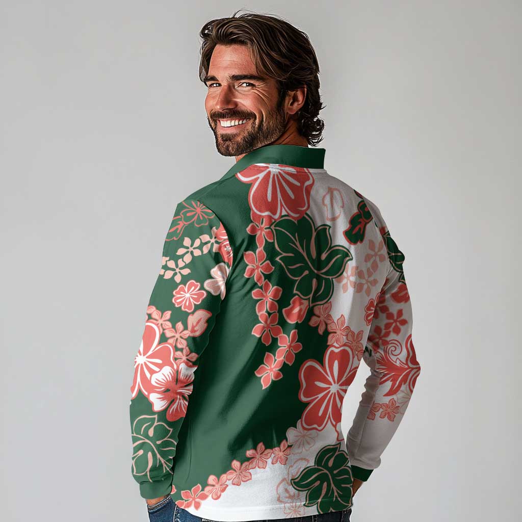 Green Orange Hibiscus Plumeria Floral Long Sleeve Polo Shirt LT01 - Polynesian Pride