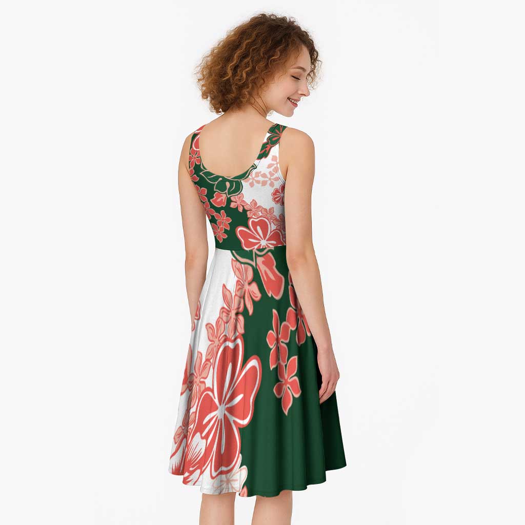 Green Orange Hibiscus Plumeria Floral Midi Dress - Polynesian Pride